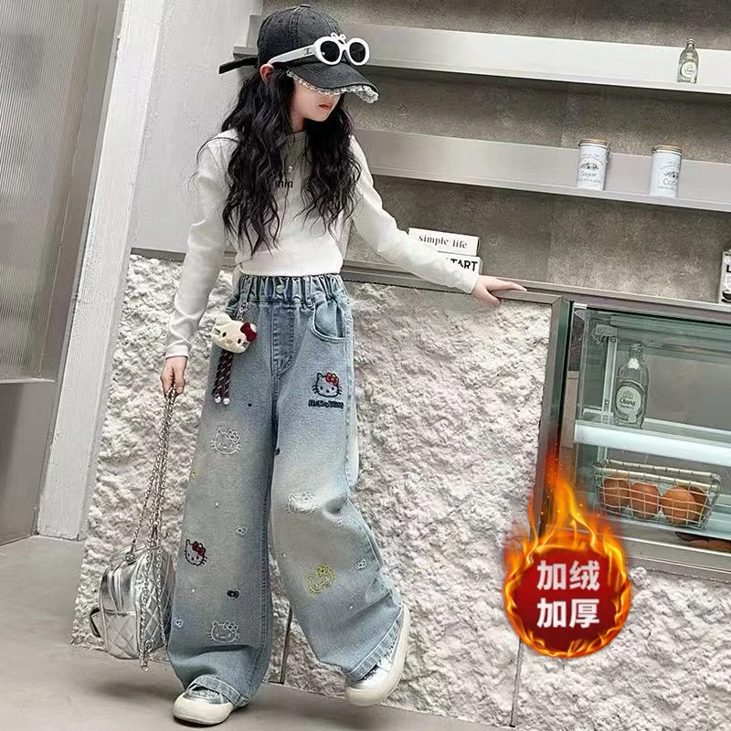 女童牛仔裤冬款新款洋气儿童百搭加绒加厚保暖中大童一体绒阔腿裤