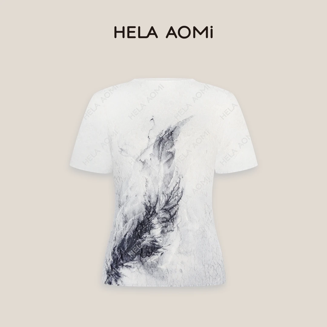 HELAAOMI“墨秀冰川”莱赛尔褶皱花朵印花上衣显瘦衬衫CY5BM11570