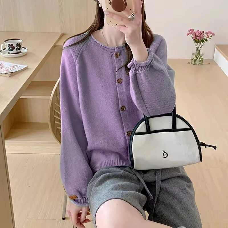 洋气百搭韩系慵懒毛衣女春秋新款宽松圆领卷边温柔针织开衫外套