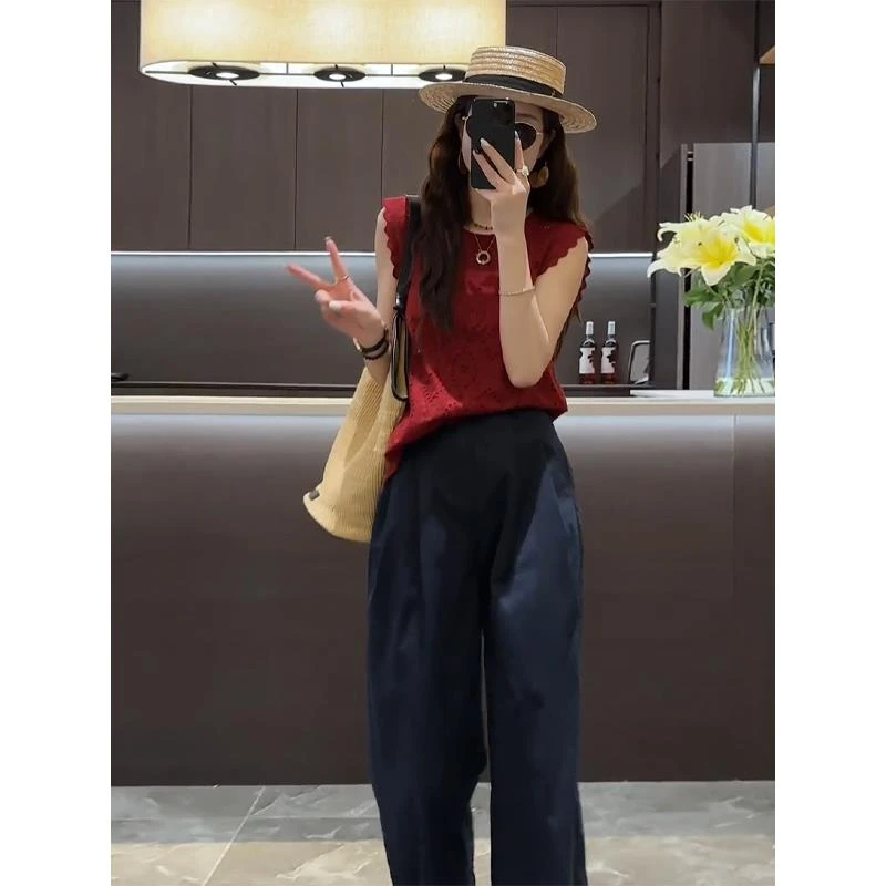 夏季套装女高级感蕾丝花边镂空无袖背心衬衫搭配休闲阔腿裤两件套