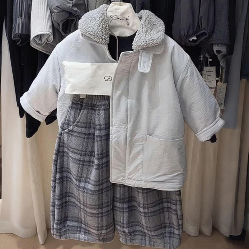 童装男童2025年秋冬加棉棉服韩版宽松格子加绒运动风休闲棉衣