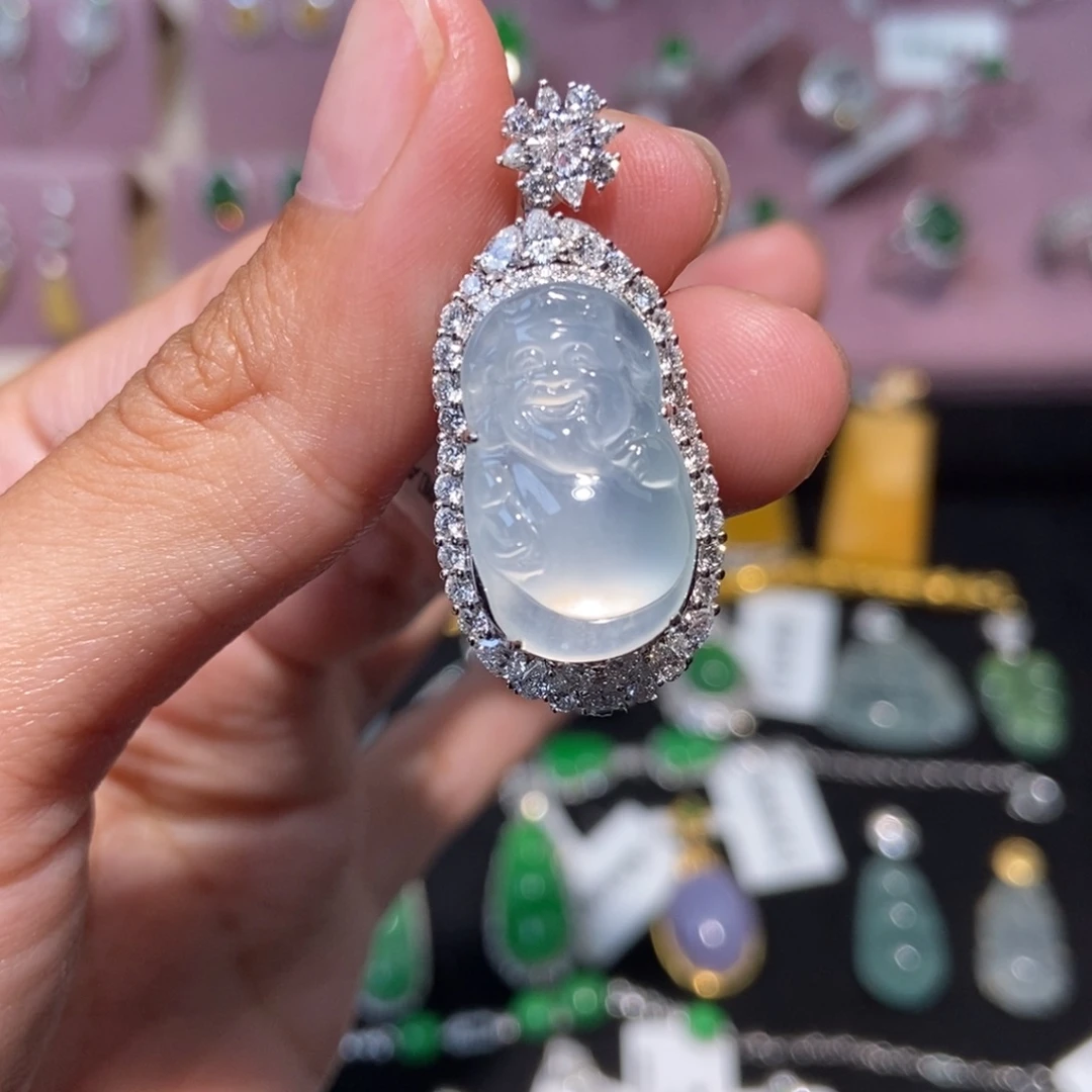 翡翠18K金镶嵌颈饰纯天然缅甸翡翠A货财神