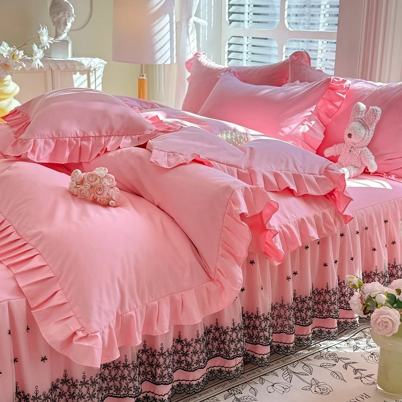 公主风韩版少女心云朵棉床裙四件套法式花边床罩纯色床上用品春夏