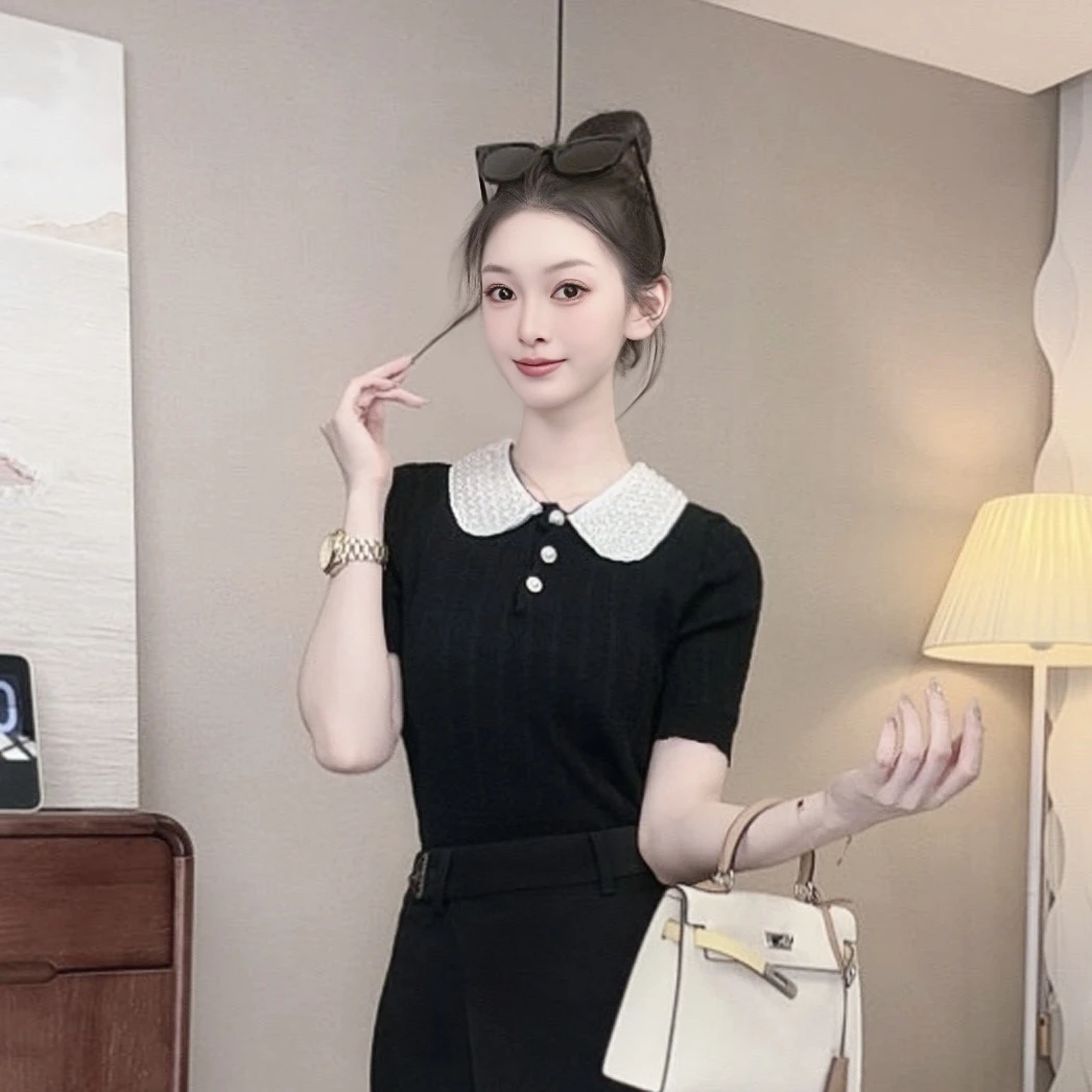 短袖薄款纯色毛针织衫女神夏季减龄设计感