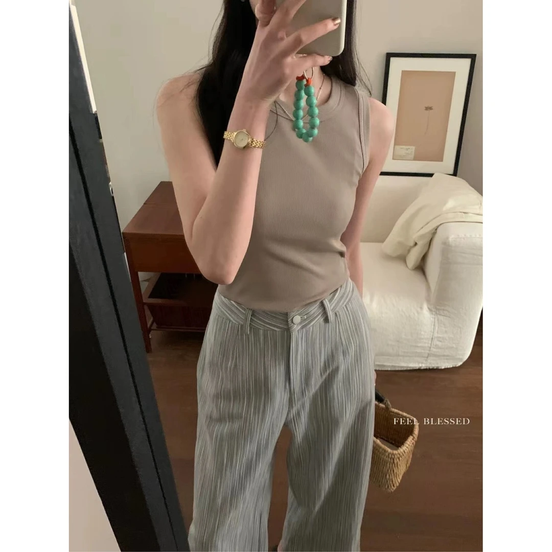 Feel blessed工字背心短款纯色圆领女2024新款气质显瘦女上衣