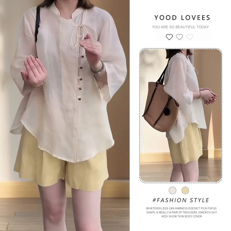2025夏季禅意穿搭国风宽松复古高级感独特衬衫纯色短裤两件套女潮