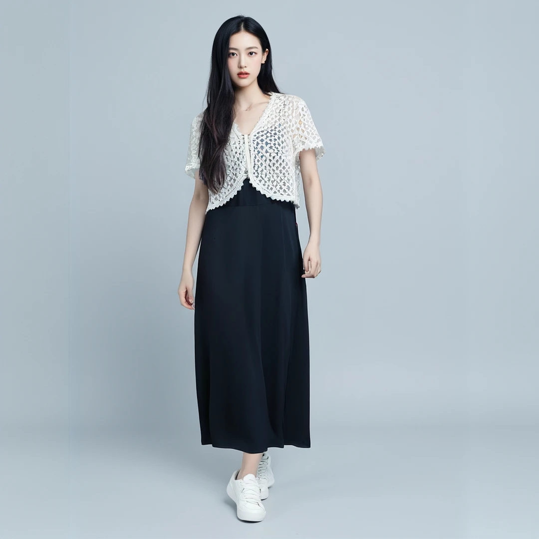 D075夏季2025新款度假风镂空罩衫吊带连衣裙女气质减龄洋气两件套