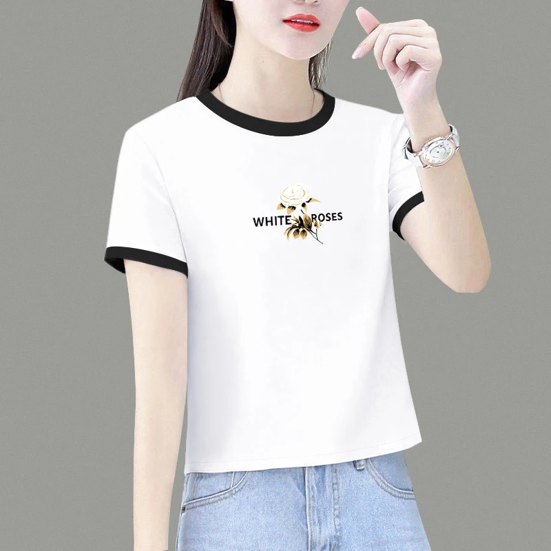 小个子纯女短袖t恤女2025新款夏季宽松洋气减龄短款黑白撞色上衣