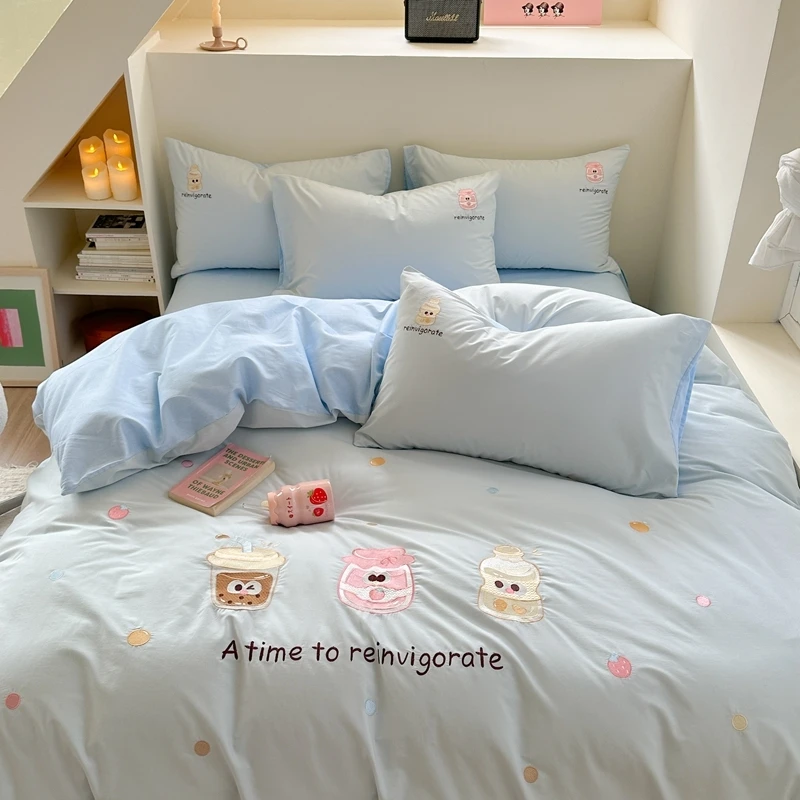A类全棉纯棉四件套纯棉水洗棉亲肤绣花小清新卡通儿童三件套