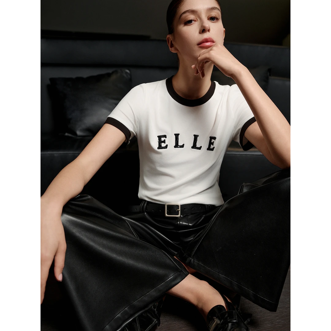 ELLE法式设计感撞色圆领宽松T恤女2025春新款休闲通勤慵懒ET50733