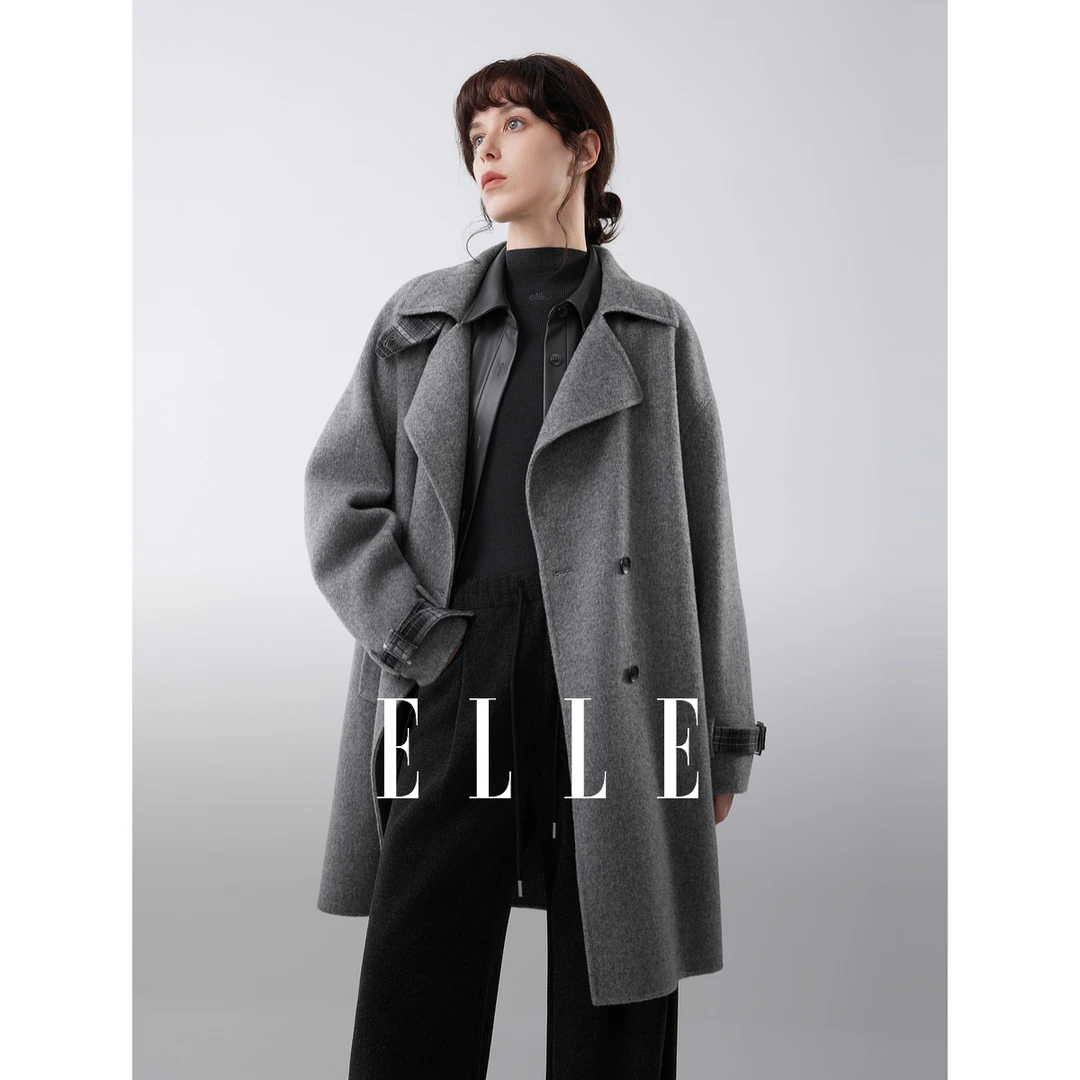 ELLE女装绵羊毛灰色双面呢大衣2025冬季新款气质毛呢外套EN52911