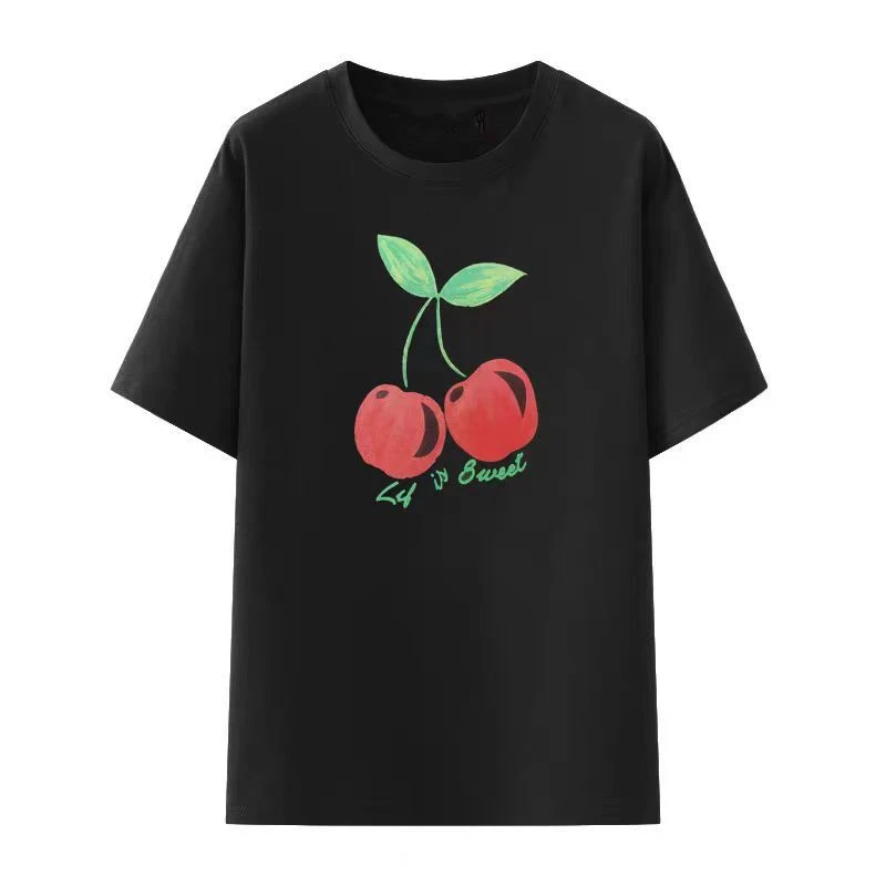 8848樱桃果蔬印花圆领短袖T恤女2025夏季宽松设计时尚穿搭上衣