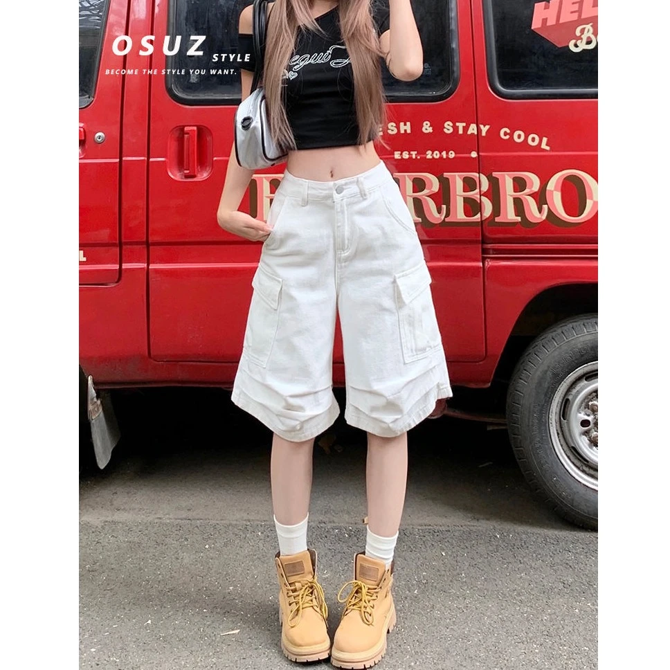 白色五分阔腿牛仔短裤女夏薄款褶皱多口袋小个子直筒休闲工装中裤