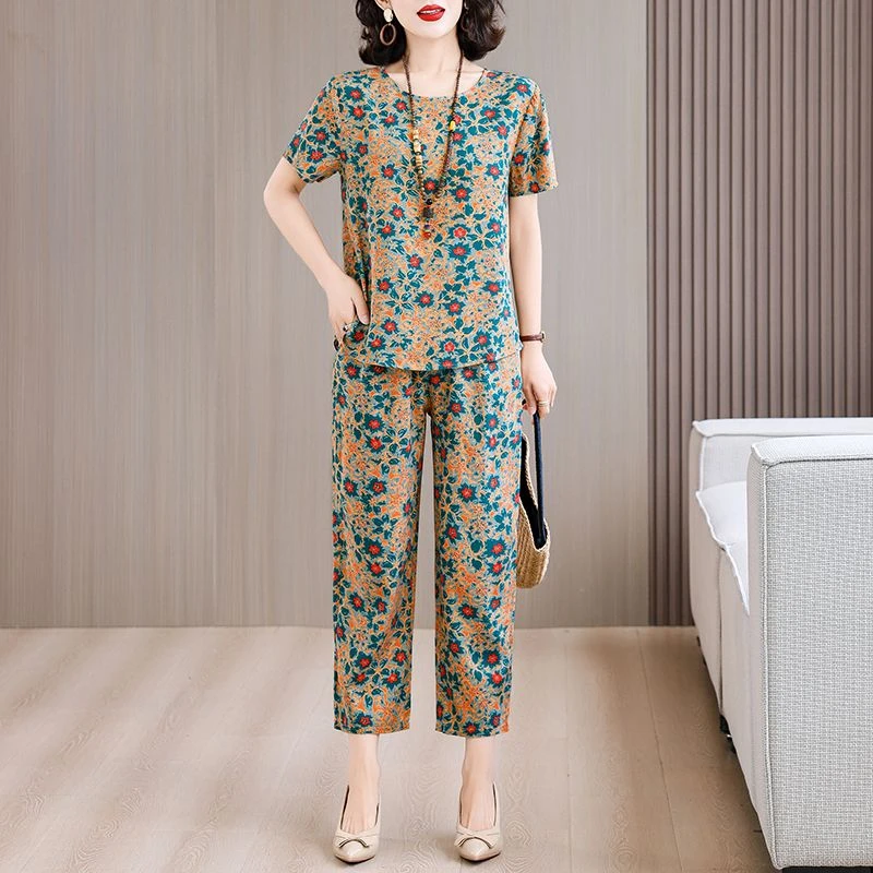 棉绸套装时尚外穿夏季洋气显瘦休闲薄款宽松妈妈人造棉短袖两件套