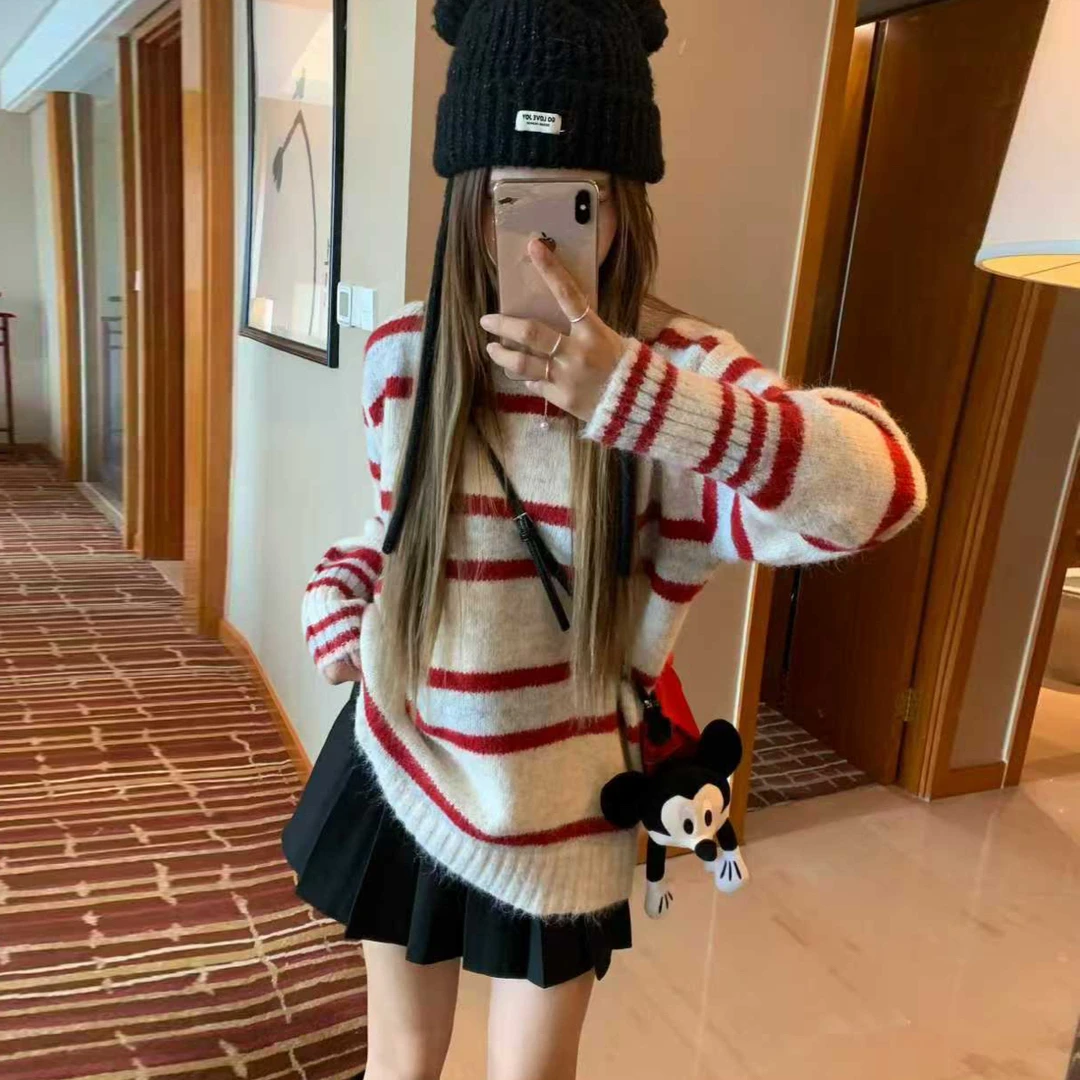 2025秋冬季撞色秋季新款上衣长袖宽松开衫条纹针织衫套头中长毛衣