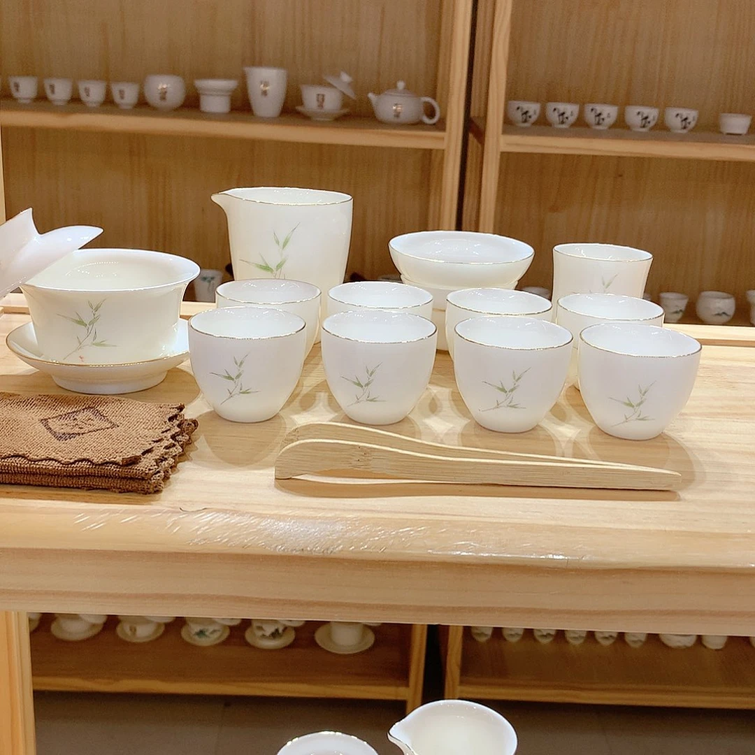 羊脂玉瓷竹报平安15件套功夫茶具