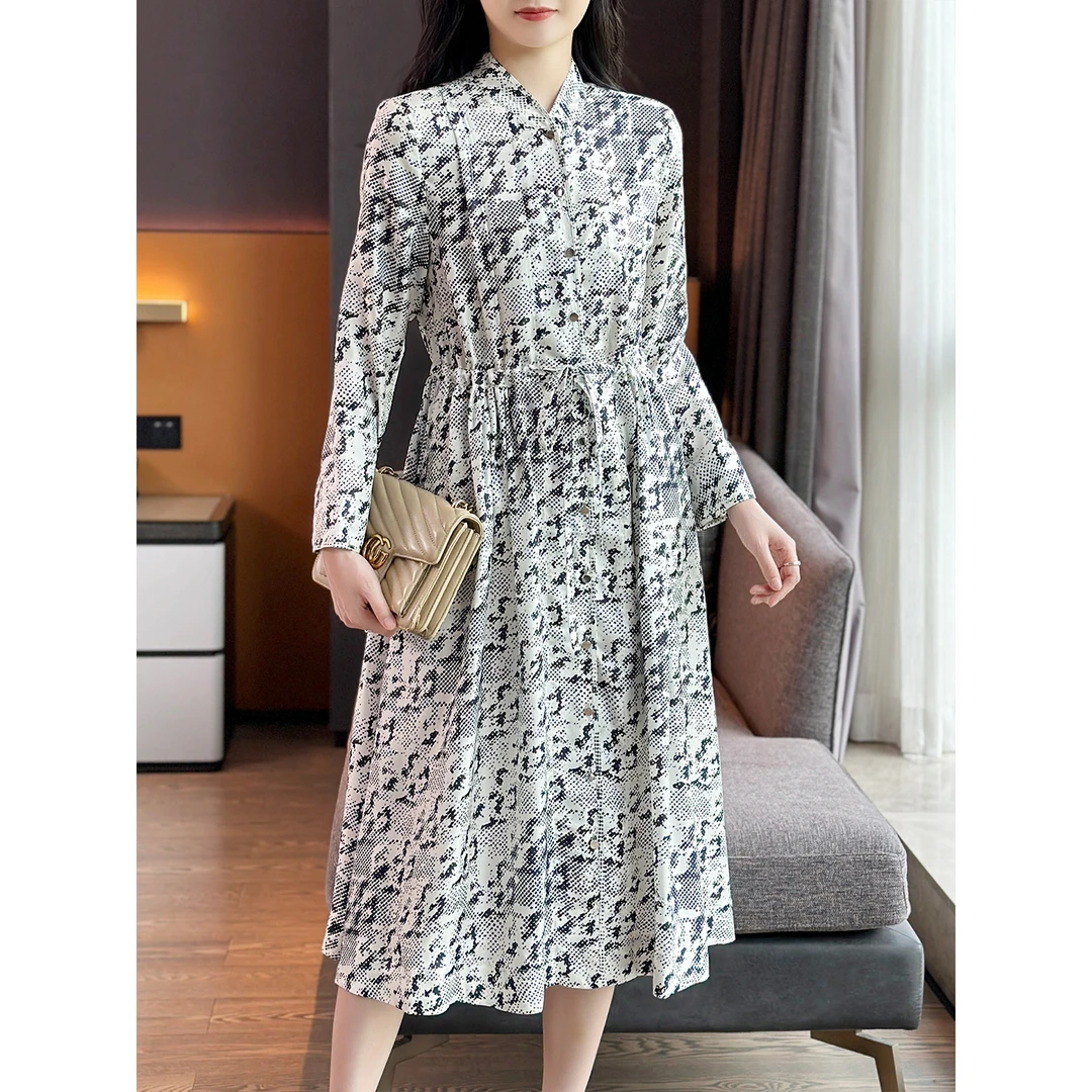 左左家 TB客供斜纹绸真丝~艺术感印花立领抽绳中长款桑蚕丝连衣裙