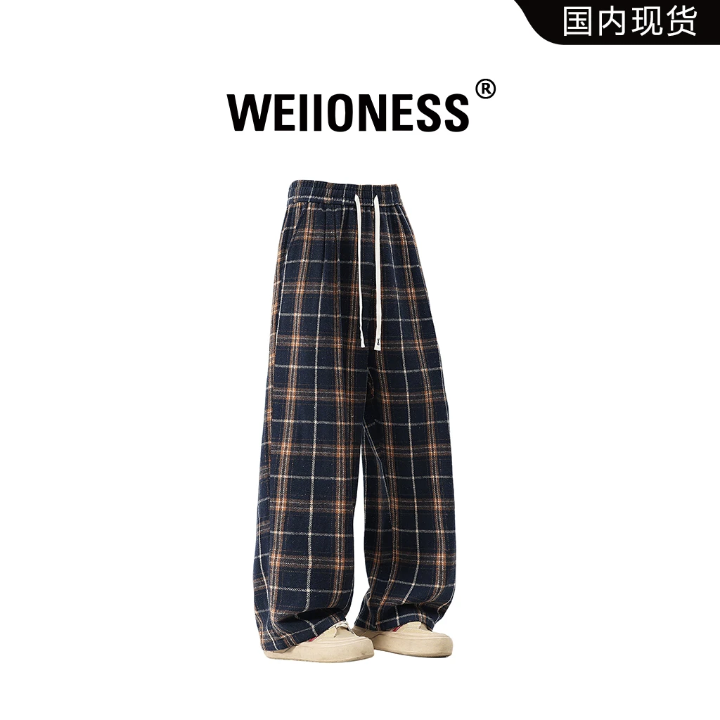 WEIIONESS美式休闲裤男春秋季宽松复古格子裤百搭高级感男装长裤