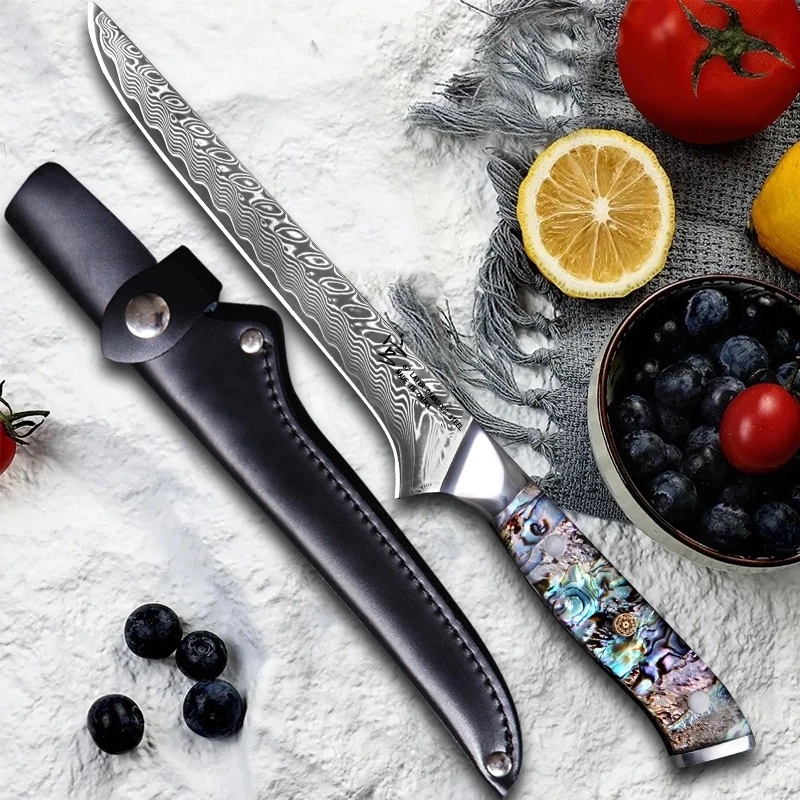 [宫]大马士革钢高档剔骨鲍鱼壳树脂10CR15MOV家用水果刀