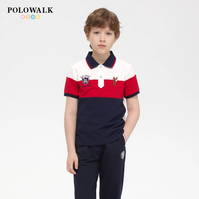 POLOWALK童装2025秋冬新品男童撞色条纹短袖POLO衫T恤W522F0271