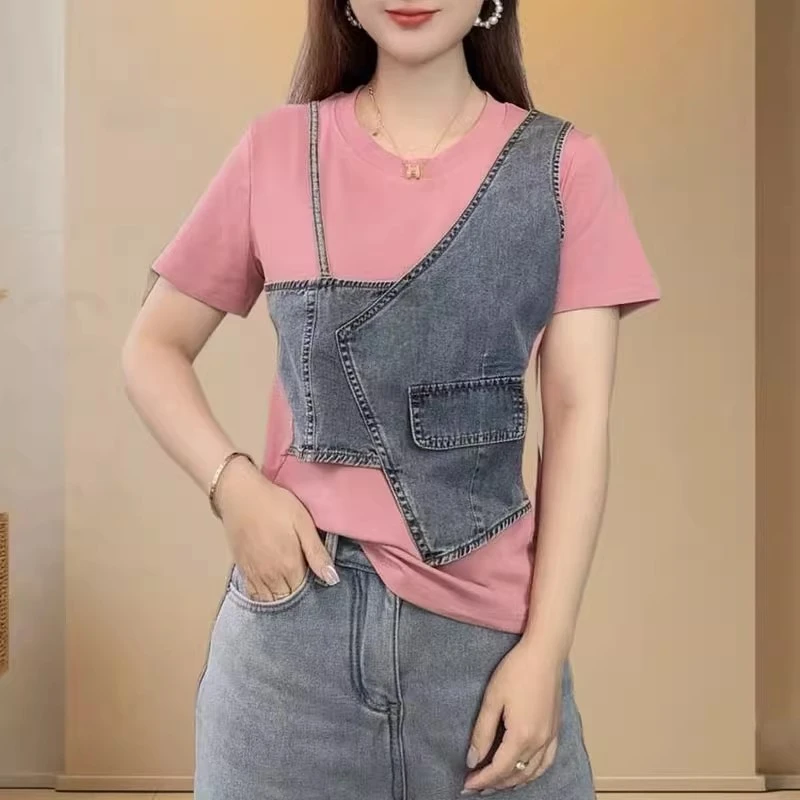 圆领短袖T恤2025夏季款小众时尚假两件拼接牛仔洋气修身百搭上衣