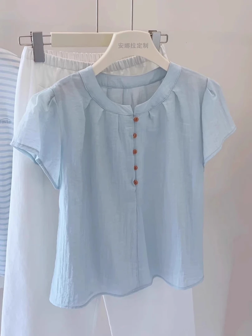 上身嘎嘎美！蓝色单排扣短袖衬衫女夏季小飞袖衬衣女新款韩系上衣