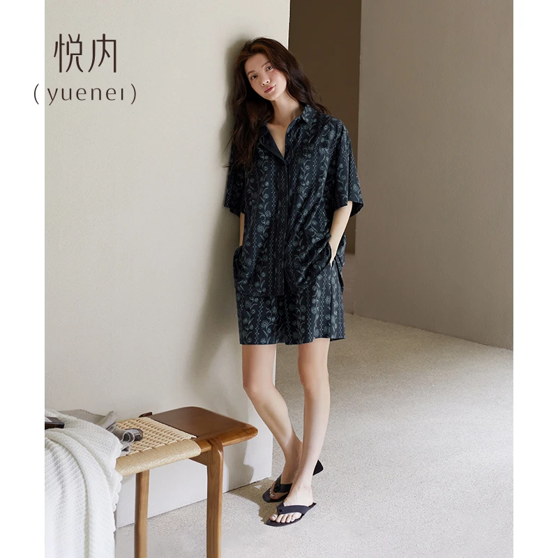 悦内新款老钱风睡衣女夏季夏款短袖短裤纯棉家居服带垫可外穿套装