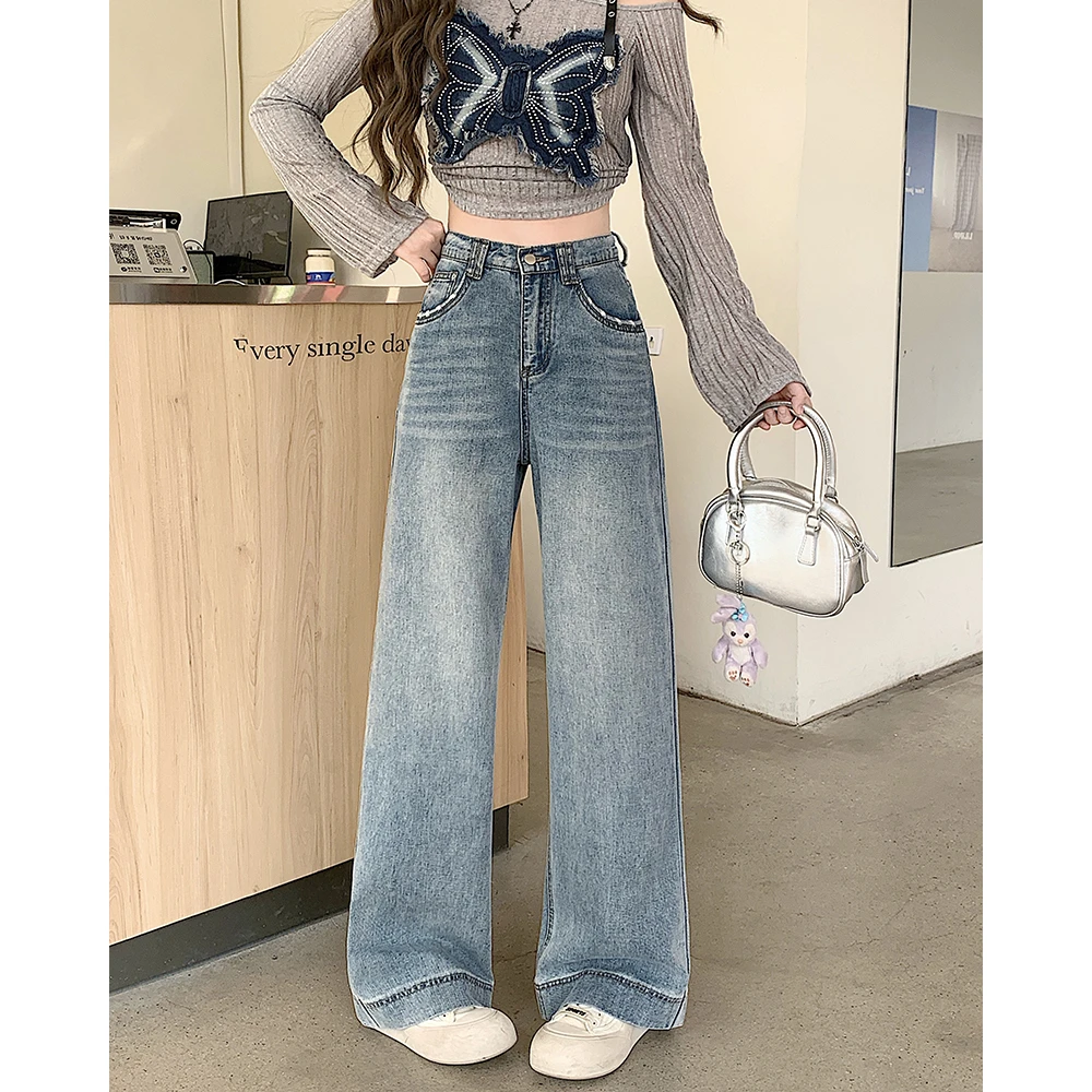 长大码女装2025秋季设计感阔腿裤高腰复古直筒牛仔裤65515