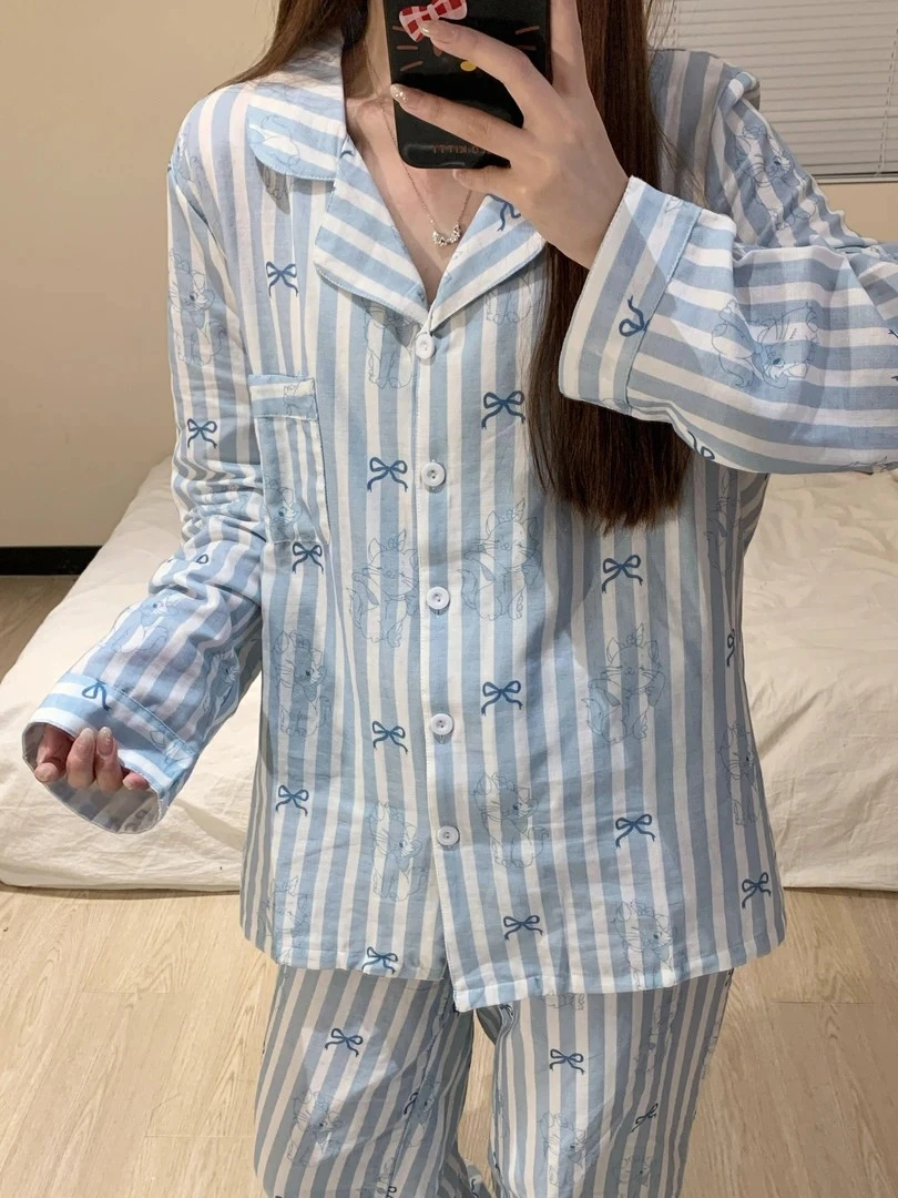大码双层棉纱家居胖妹妹mm蓝色条纹长袖睡衣260斤早秋家居服套装