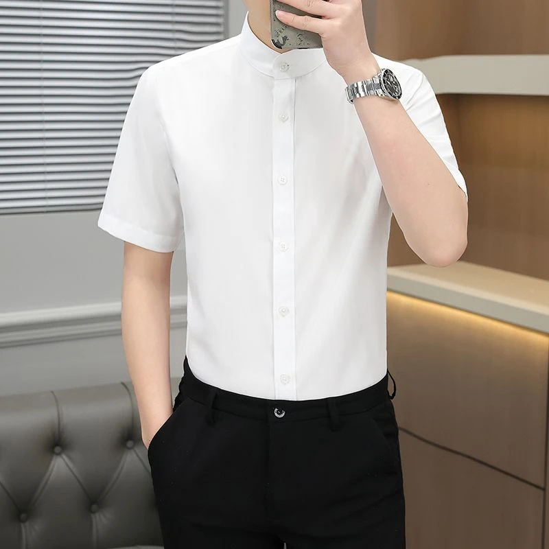 2025年立领衬衫短袖白色商务正装免烫中国夏季中山装抗皱男士衬衣