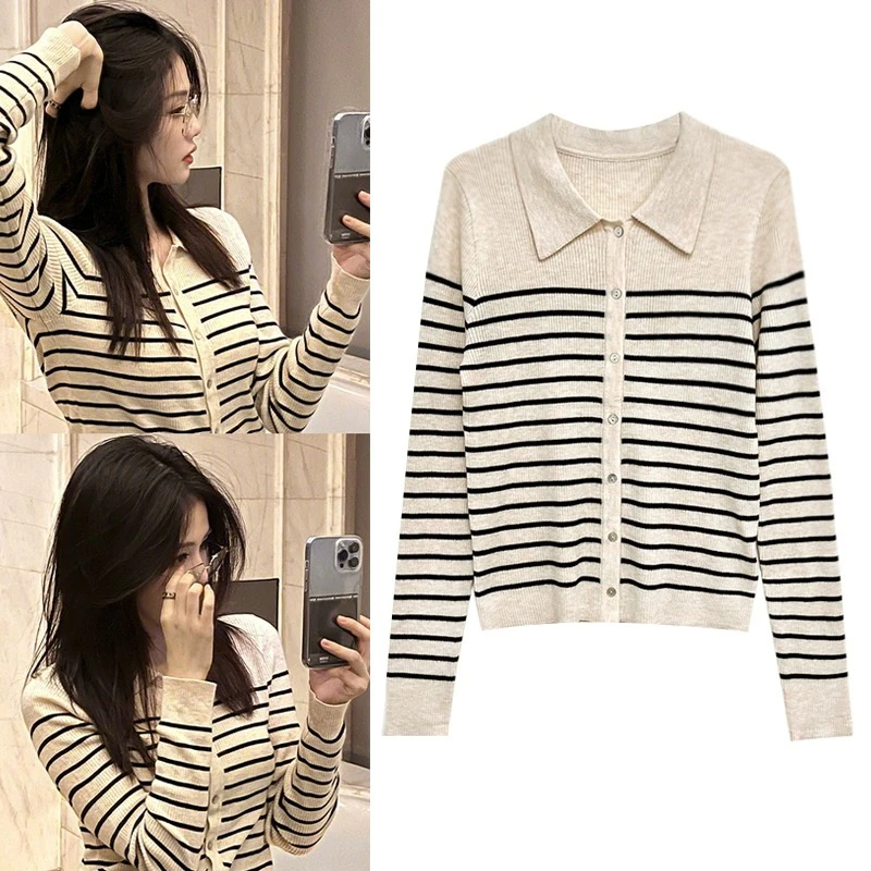 徐秋阳白鹿同款翻领针织毛衣女春秋季条纹百搭慵懒上衣开衫显瘦