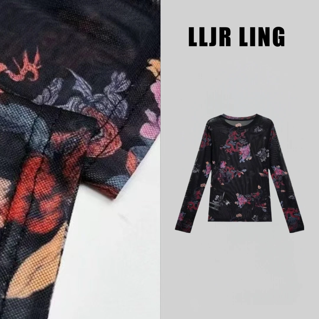 D1566(花团锦簇)复古国风印花长袖圆领修身弹力小衫