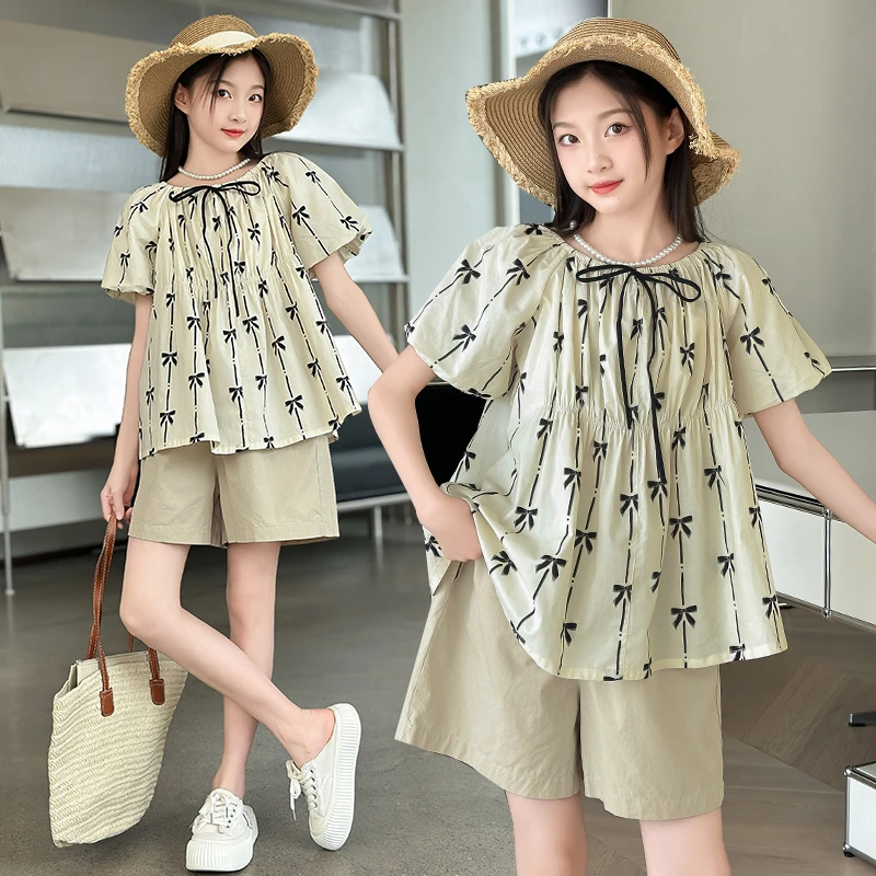女童夏季套装2025新款儿童夏装洋气娃娃领短袖女孩休闲短裤两件套