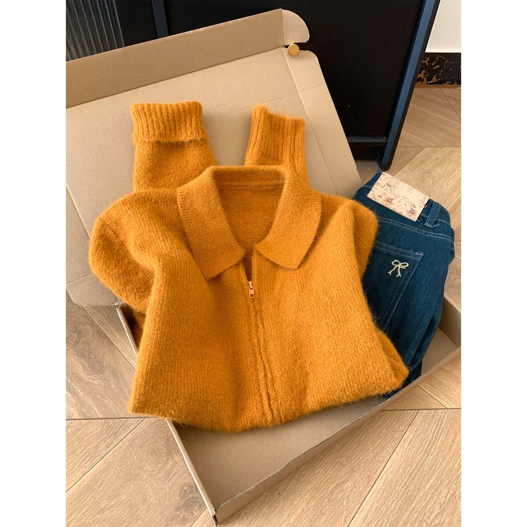 舒服软糯糯的~南瓜橘色翻领拉链毛衣女2025气质时髦显瘦针织开衫