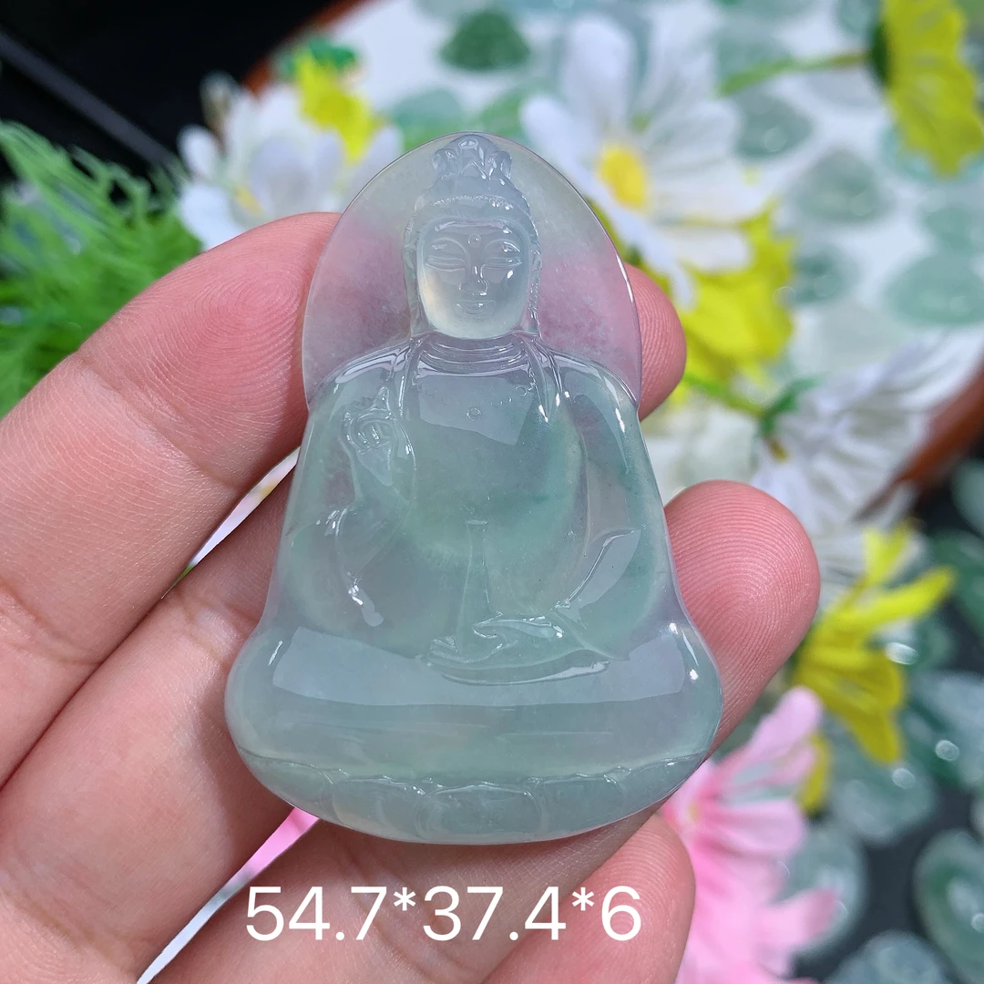 缅甸天然翡翠A货冰种飘绿素衣观音吊坠雅百搭时尚雕刻镶嵌女士
