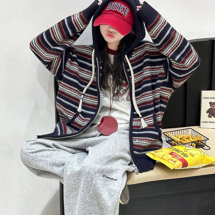 中大童连帽厚款条纹韩版长袖春秋针织衫女士毛衣休闲款式宽松