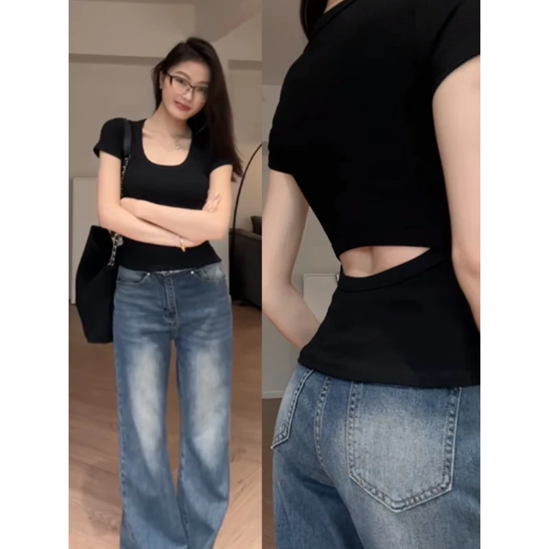 大码正肩短袖t恤女夏季小个子设计感辣妹露背收腰气质甜辣小上衣