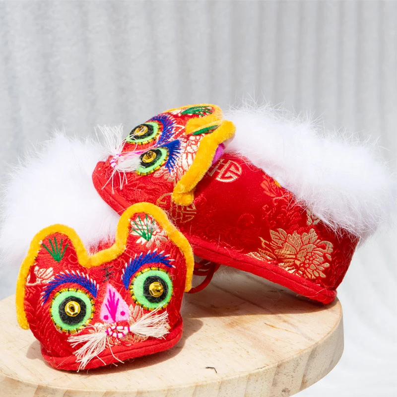 巧手绣娘手工兔毛婴儿虎头棉鞋宝宝软底绣花老虎鞋满月百天生日鞋