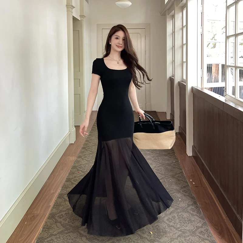 【新疆包邮】法式赫本风网纱拼接连衣裙夏季收腰显瘦御姐气质包臀裙