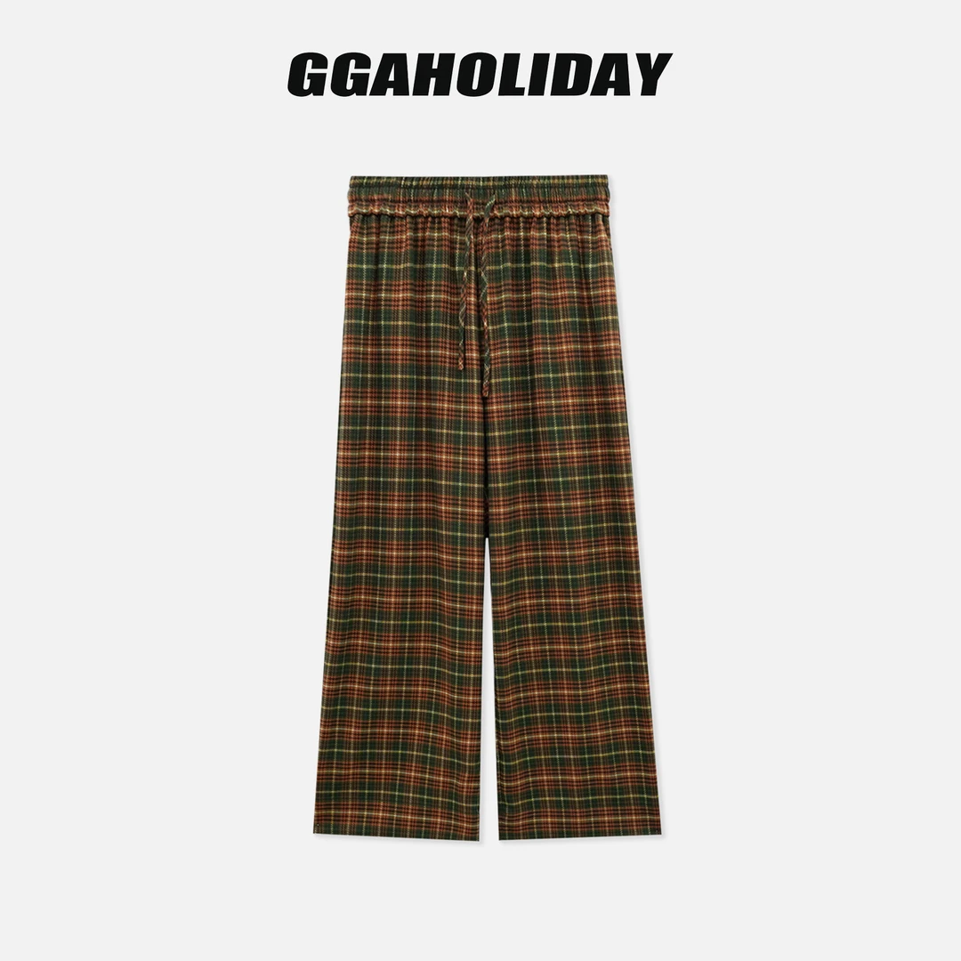 GGAHOLIDAY复古休闲百搭长裤时尚经典格子宽松抽绳阔腿裤-153126