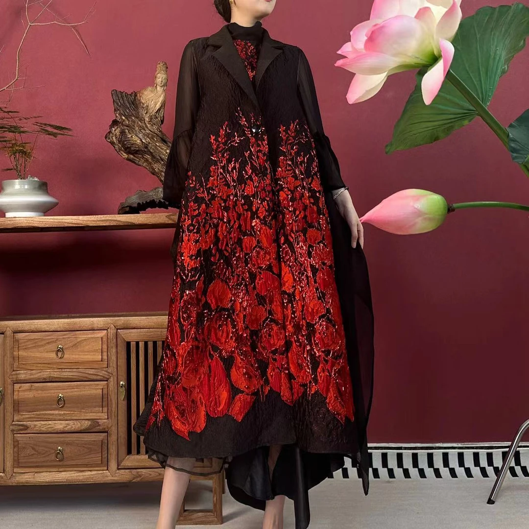 【大海轻奢】BF32541黑色红花刺绣百搭气质宽松设计师时尚外披