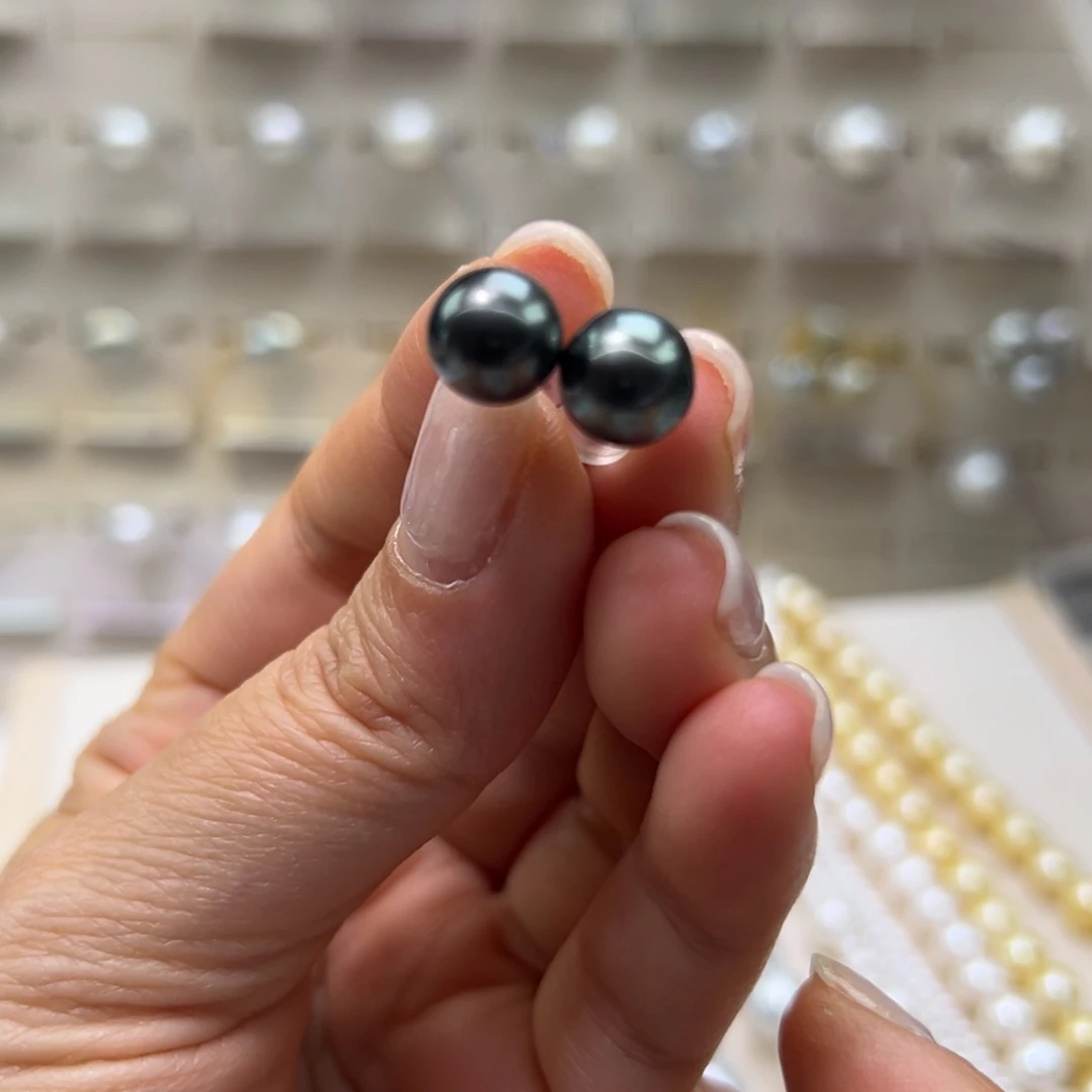 银S925镶嵌耳饰海水珍珠8.8mm孔雀绿正圆无暇素钉