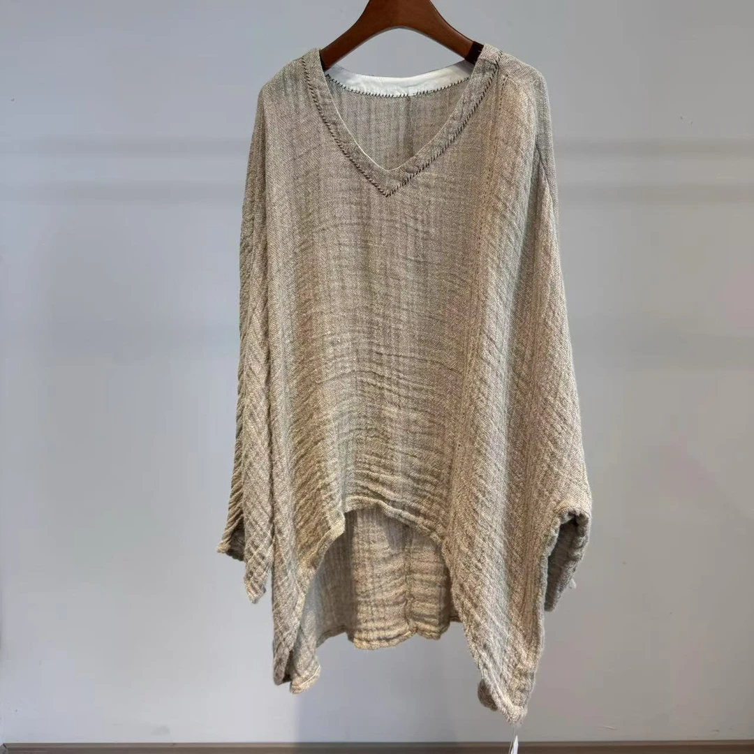 衣牧了然雨露麻色织原生麻本色V领上衣