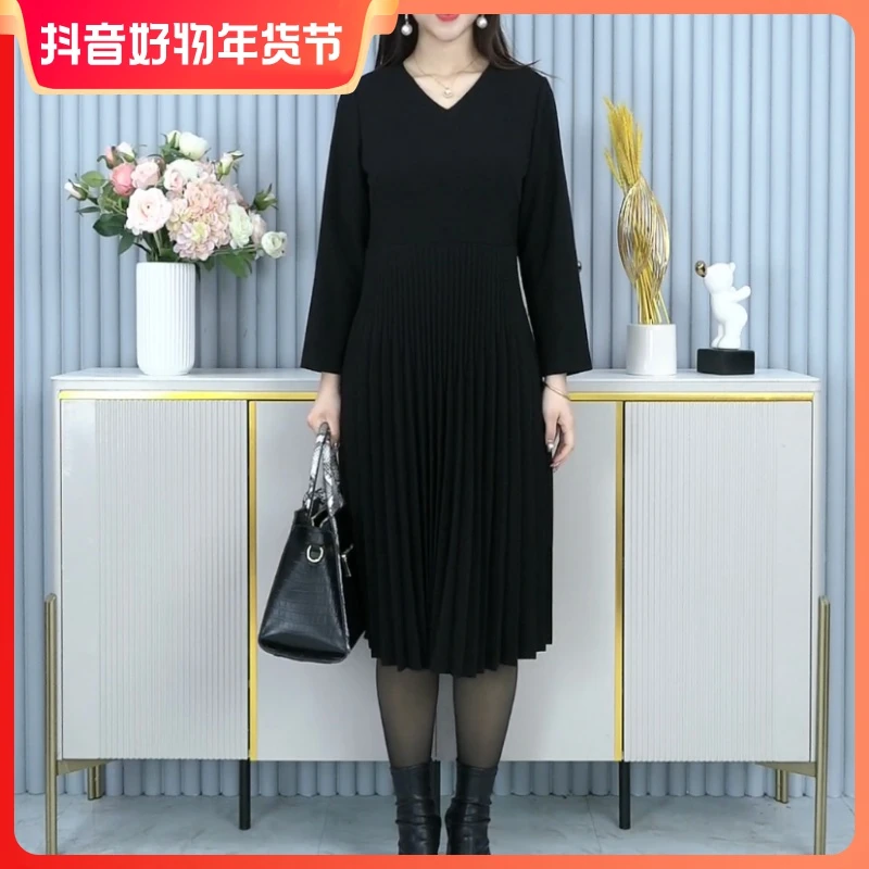 百褶高级长袖过膝春秋连衣裙ZB4906