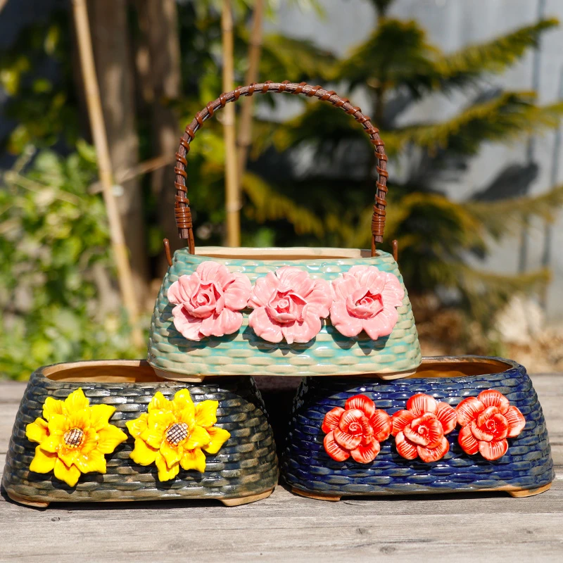 手工陶瓷多肉花盆创意提篮透气粗陶植物盆栽