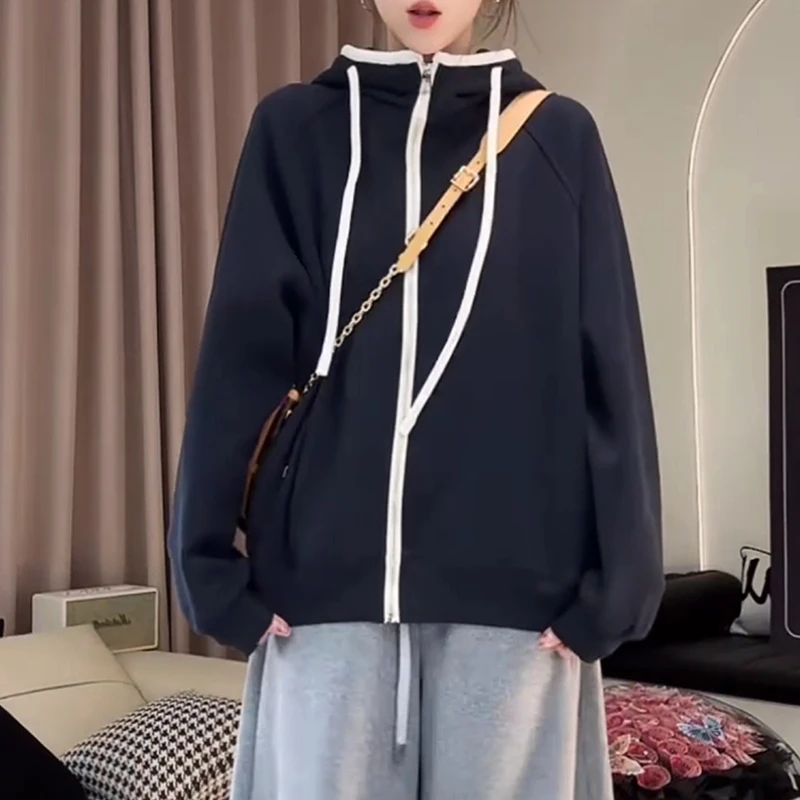 韩系宽松简约基础百搭连帽开衫卫衣女2025秋季新款休闲减龄上衣