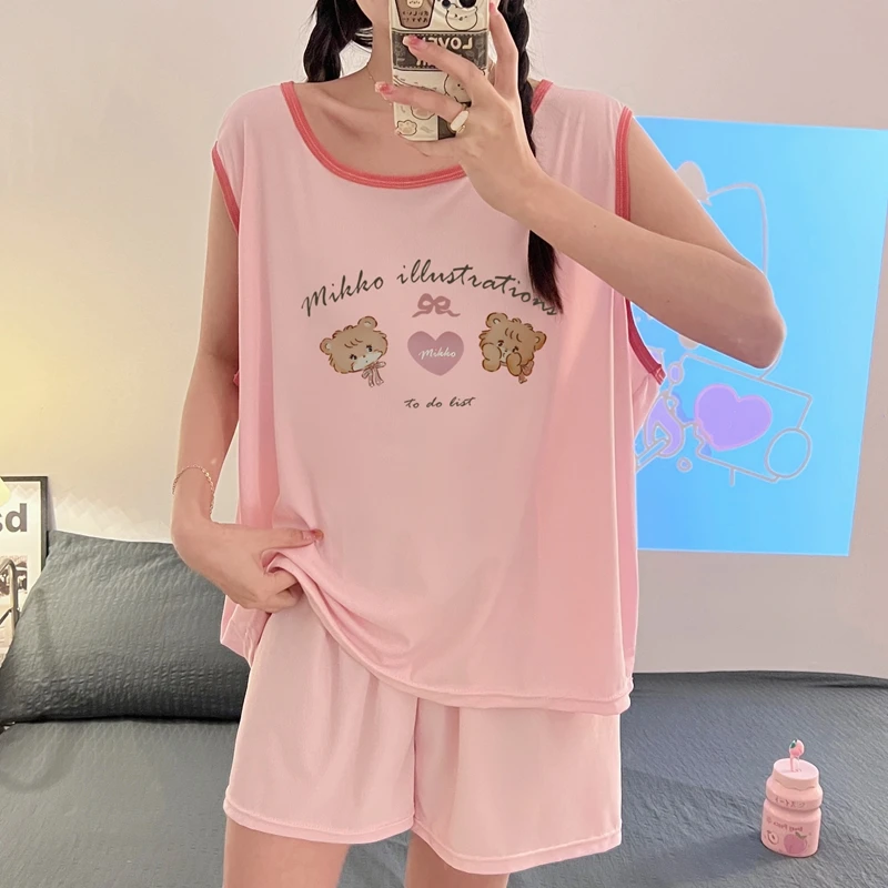 大码背心睡衣女夏季短袖凉感冰丝宽松胖MM无袖200斤短裤韩版套装