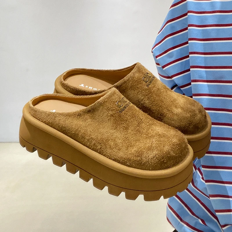 时尚一脚蹬懒人休闲松糕磨砂皮乐福小皮鞋厚底包头半拖勃肯拖鞋女