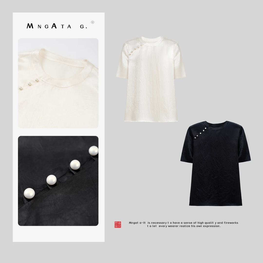 MNGATA G.宫小妍 【白珍珠T】夏日新中式穿搭国风醋酸上衣4X040585