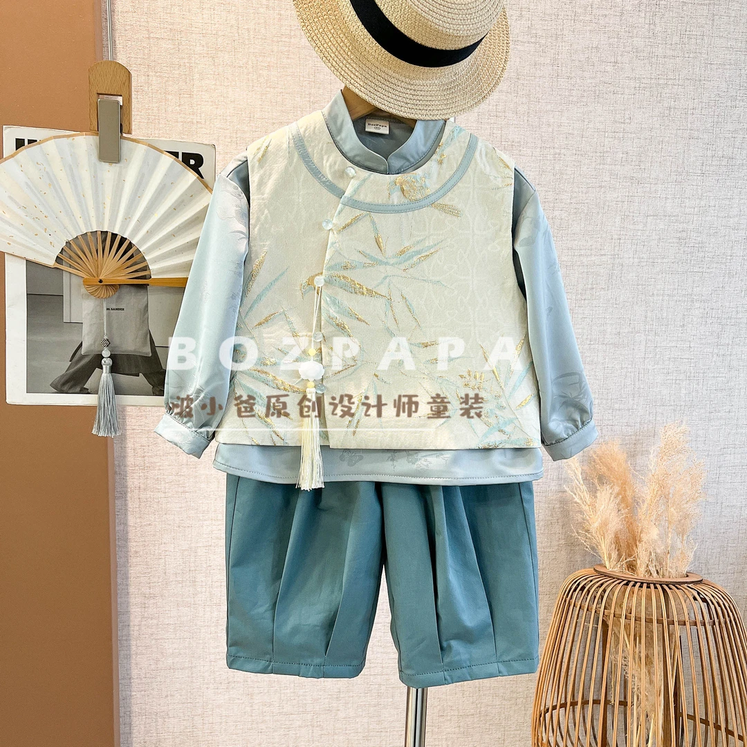现货啵小爸【青岚锦竹】2025春季男童新中式立体刺绣马甲国风三件套